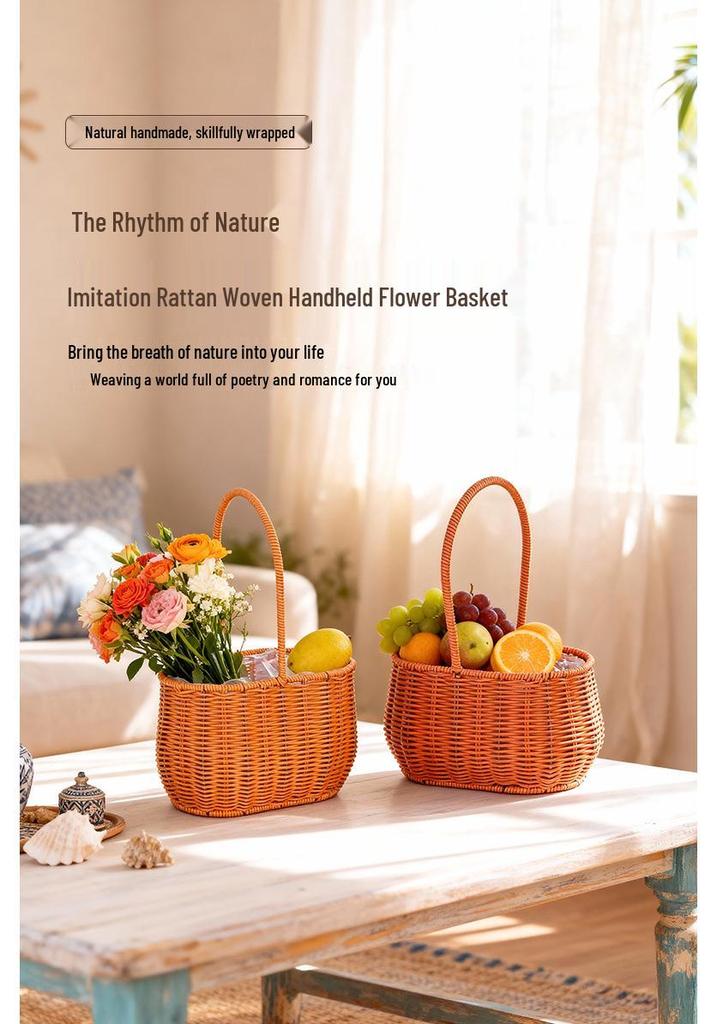 Handheld Woven Rattan Flower and Fruit Basket - Perfect for Shops, Children's Day, Souvenirs, or Postpartum Gifts