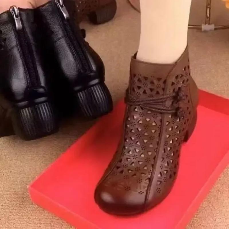 New Women's Fashion Hollow-Out Soft Sole Mid-Heel Ankle Boots, Retro Breathable Comfortable Shoes 2025