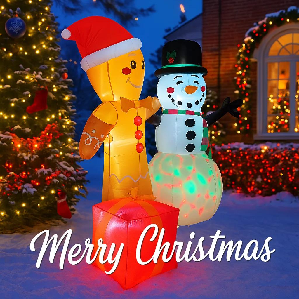 5.91FT Inflatable Gingerbread Man Snowman Set Gift Toy Xmas Yard Decoration Festive Gift LED Lit Christmas Supplie Home Ornament