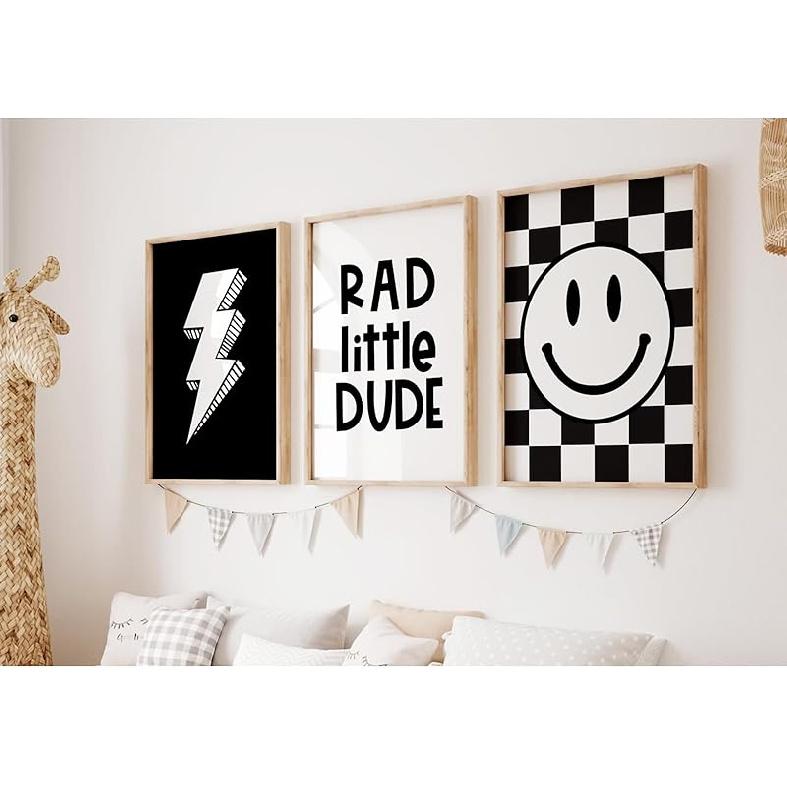 Boys Room Wall Art Decor Set of 3 Toddler Nursery Canvas Wall Art Baby Kids Wall Decor Black Checkered Smiley Poster Pictures Retro Playroom Rad 12x16 Inch Unframed