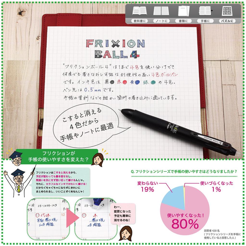 Pilot Frixion Ball 4 Erasable 4-Color Pen LKFB-80EF-B 0.5mm Black