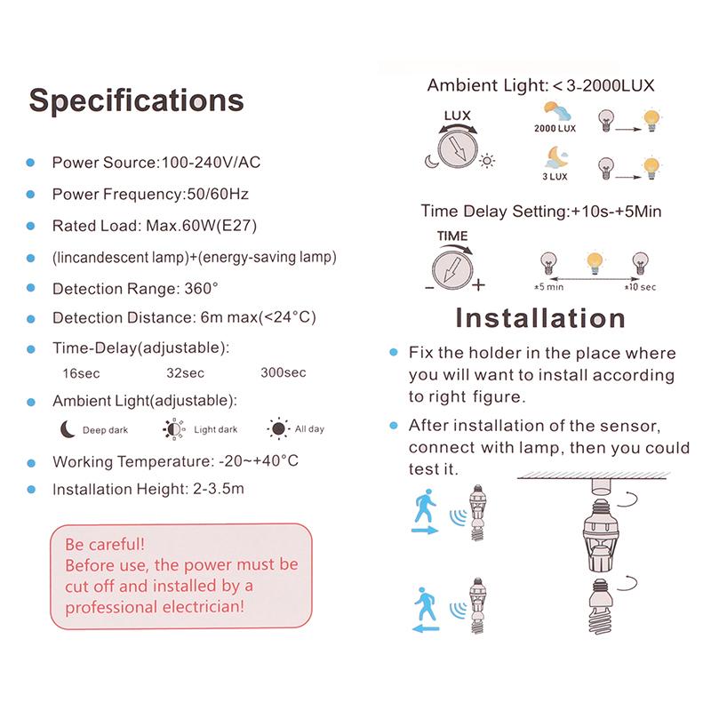 360 Degrees Human Induction Motion Sensor Lamp Socket Base Ac85-265V Delay Time Switch E27 Base Holder Socket Adapter