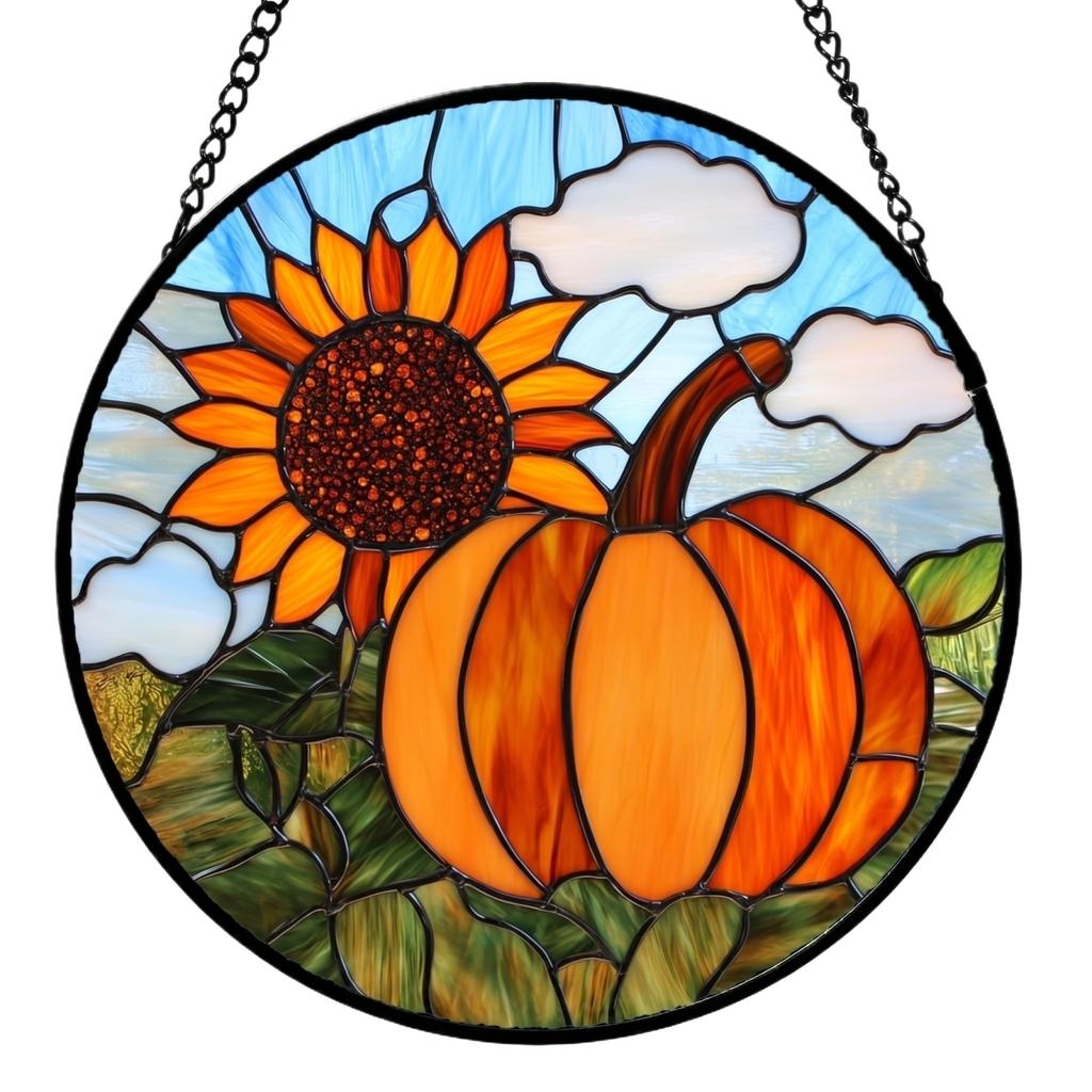 Round Acrylic Hanging Ornament Stained Glass Style Pumpkin Sunflower Design Window Decoration with Metal Chain for Indoor Outdoor Use