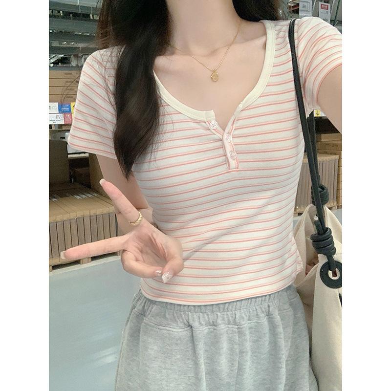 

Pure desire striped shoulder U-neck short-sleeved T-shirt women s summer new niche design sense slim and thin top tide XXL
