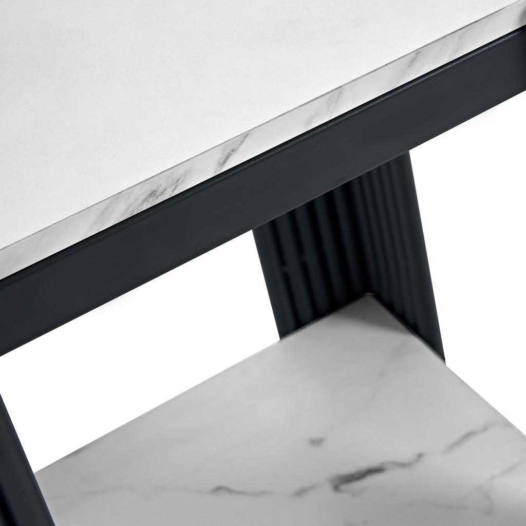 Modern nightstand with 2 shelves, black metal frame, side table in marble look, MDF, for bedroom and hallway, White and Black - H55/W43/D40 cm
