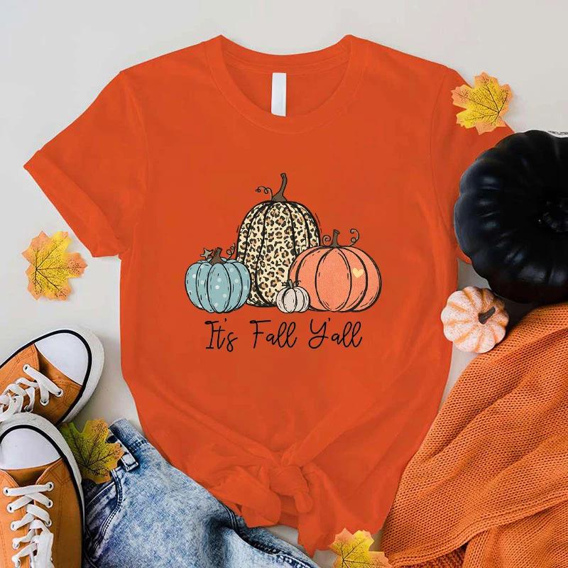 Heiß Es ist Herbst Ihr Lieben Kürbis Bedruckte T-Shirts für Damen Kurzarm Lustig Es ist Herbst Ihr Lieben Kürbis Rundhals T-Shirt Tops