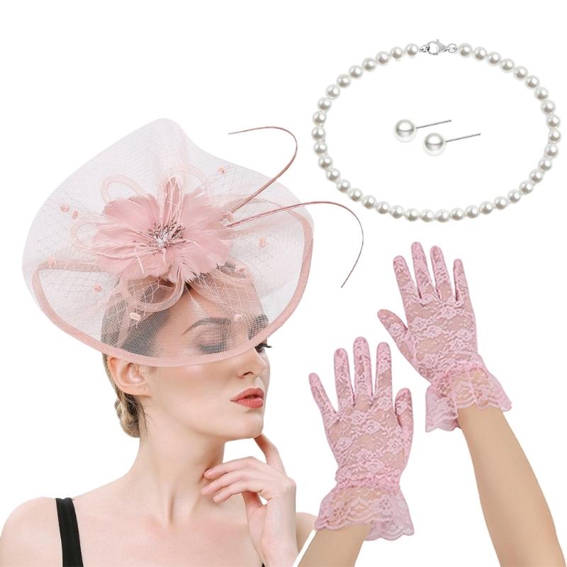 French Fascinator Hat with Necklace Gloves Ear Studs Costume Set For Horse Racing Event and Halloween Party Dressingup