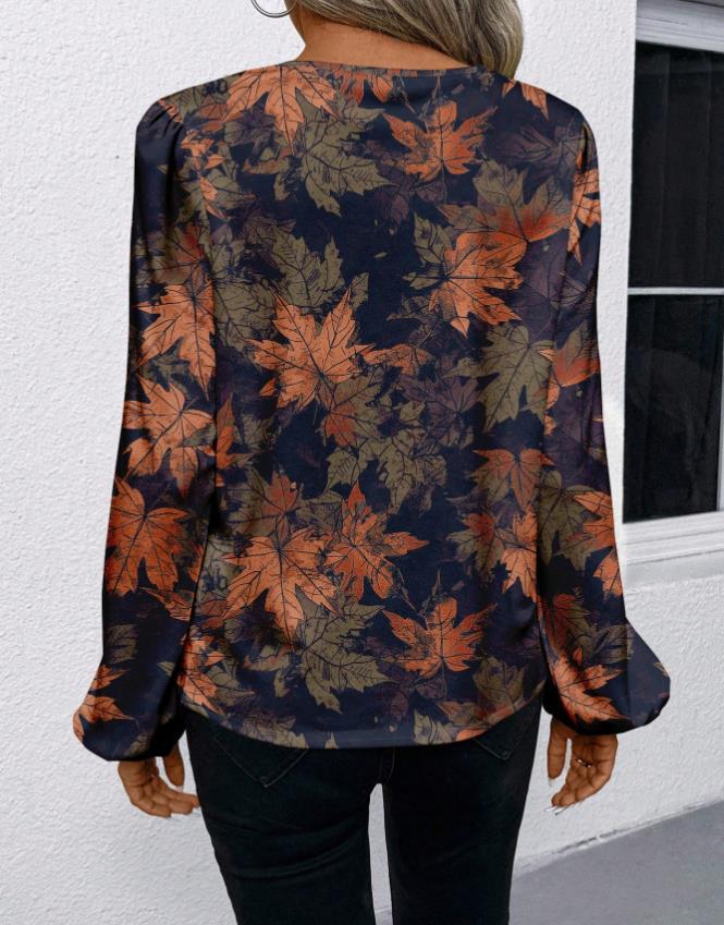 2025 European & American V-neck Long Sleeve Printed Casual Shirt for Women - Spring/Autumn