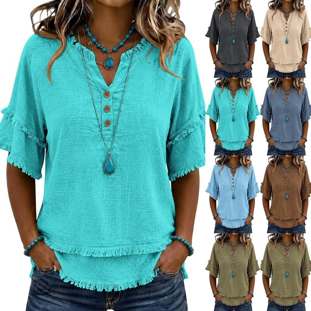 Women's Color V Neck Short Sleeve Shirt Casual Cotton Linen Blouse