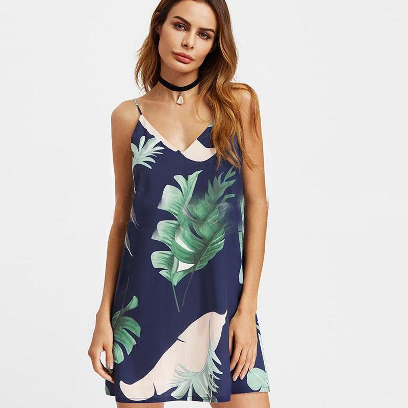 Sidefeel Women V Neck Halter Tropical Plants Printed Casual Dress For Elegant Summer Occasions