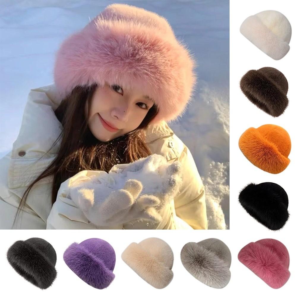 Fashion Headwear Fluffy Fur Winter Hat Solid Color Thicken Bucket Hat Plush Cold Windproof Berets Chrismas Gifts