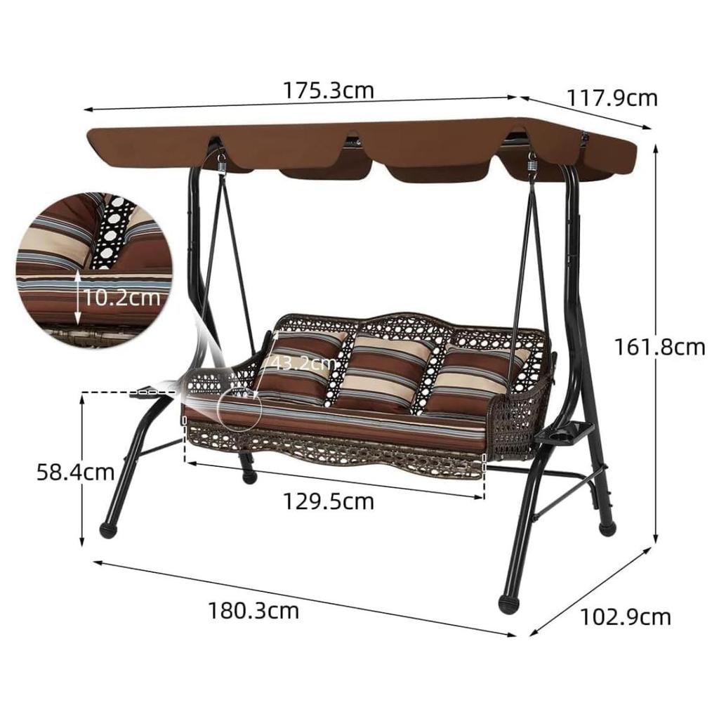 YODOLLA 3-Seat Outdoor Patio Swing Chair with Canopy, Rattan & Steel Frame includes Cushion & Pillow, Brown