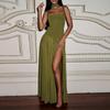 Abito Lungo Sexy Schiena Scoperta Scollo Quadrato Donna Abito Elegante Senza Maniche Spacco Alto sulla Coscia Pieghettato Club Festa Abito Lungo