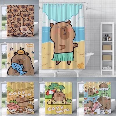 Cortina de Ducha Impermeable Tejido de Poliéster Pintura Colorida Cortinas de Baño Capibaras Kawaii Decoración de Baño para el Hogar con Ganchos