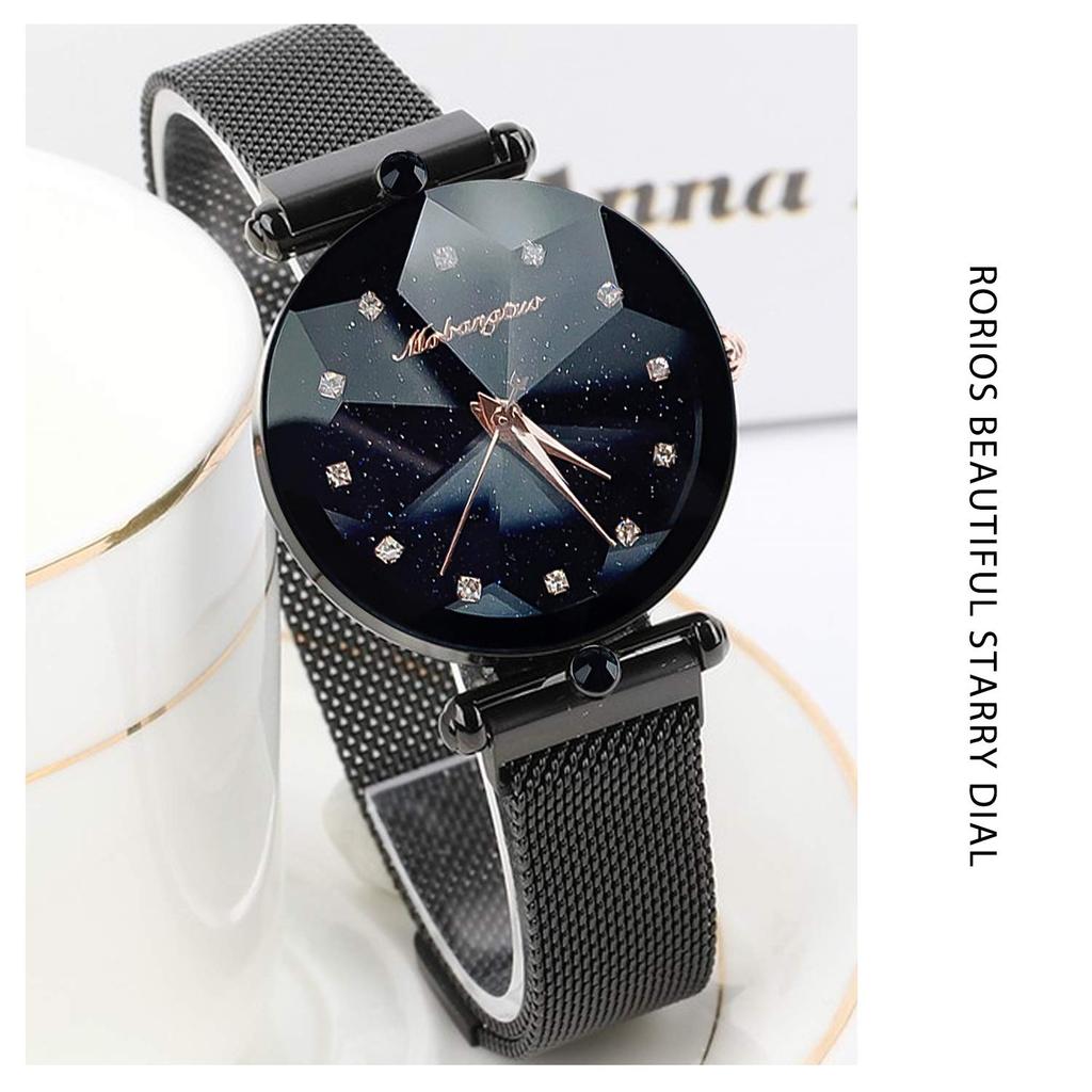 RORIOS Watch Magnetic Mesh Band Sparkling Crystal Starry Sky Stylish Fashion Quartz Watch for Women Analog Watch Black Women's