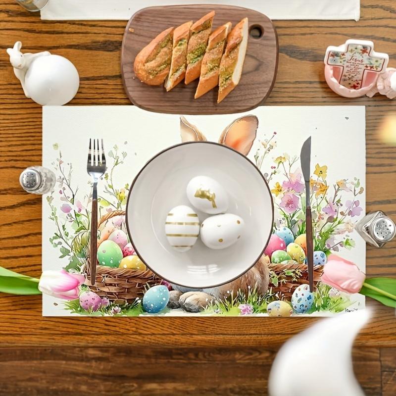 4pcs, Easter Placemats, Seasonal Table Mats, Easter Adorable Easter Bunny Flowers Baskets, Suitable for Indoor, Outdoor, Kitchen, Farmhouse, Dining Ta