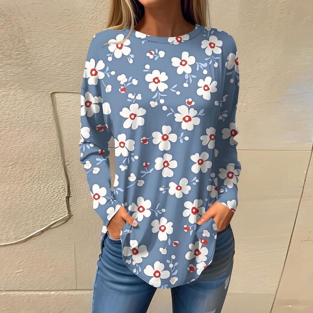 Women's Fashion Casual Round Neck Floral Long Sleeve T-shirt Pullover Long Sleeve Top
