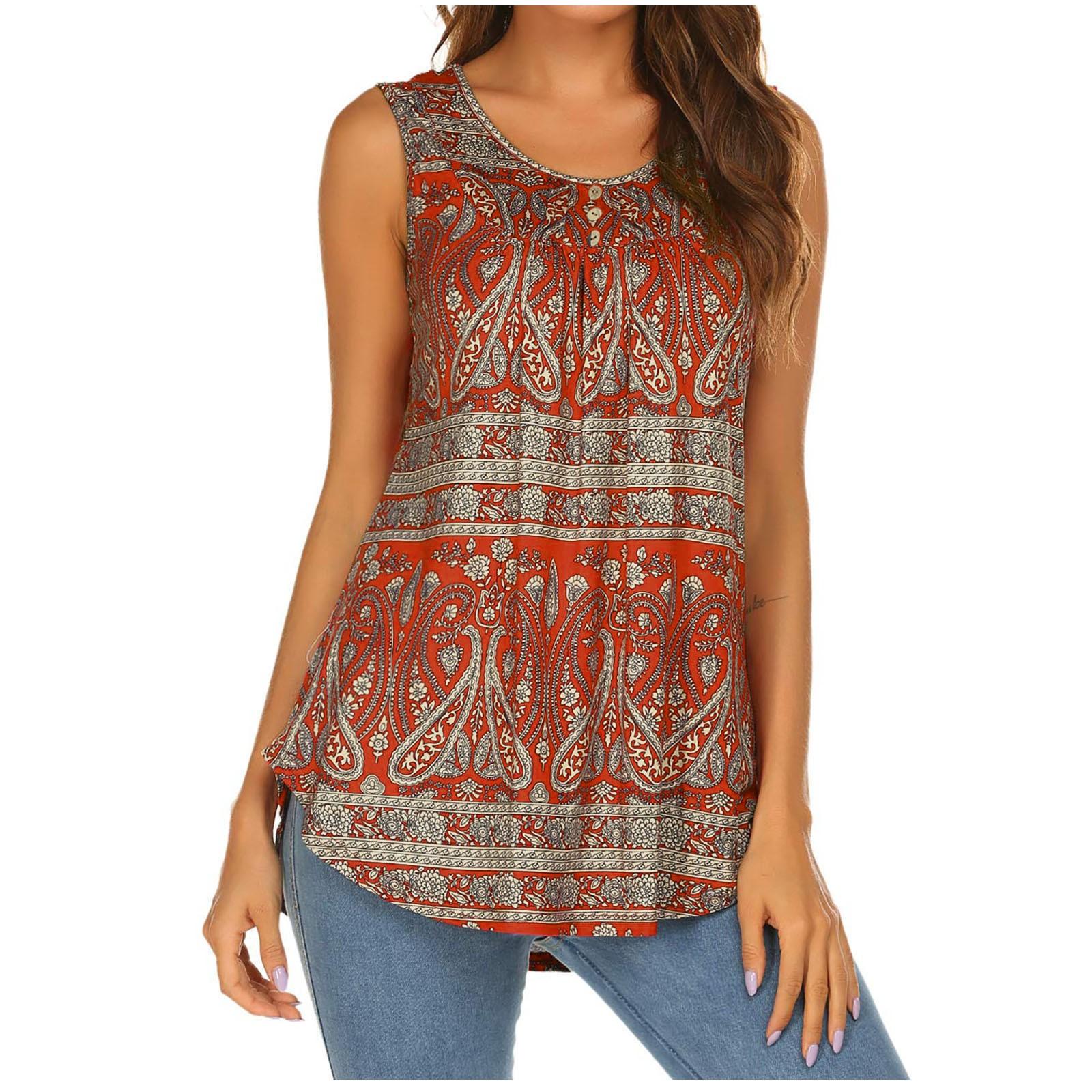 

Women Fashion Summer 2022 Sleeveless Casual Printed O-Neck T-Shirt Tops Blouse M червоний