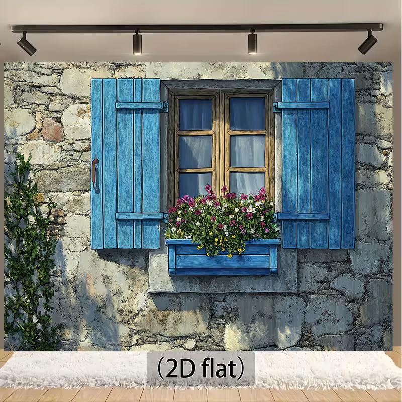 Provence Style Stone Wall Background, Blue Shutters with Flowers 47.2x31.5inch/120*80cm