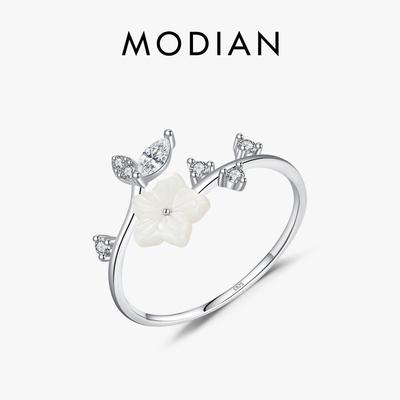 MODIAN Anel Fino Exquisito de Concha e Pérola com Flor Aberto Real Prata de Lei 925 Anéis de Dedo Empilháveis Para Mulheres Joias