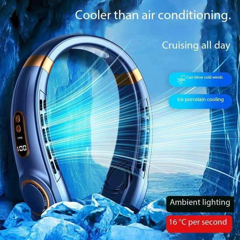 Non-Toxic Portable Mini Bladeless Mute Hanging Neck Fan Led Digital Display Ice Ceramic Body Sensation Cooling Colorful Atmosphere Lights