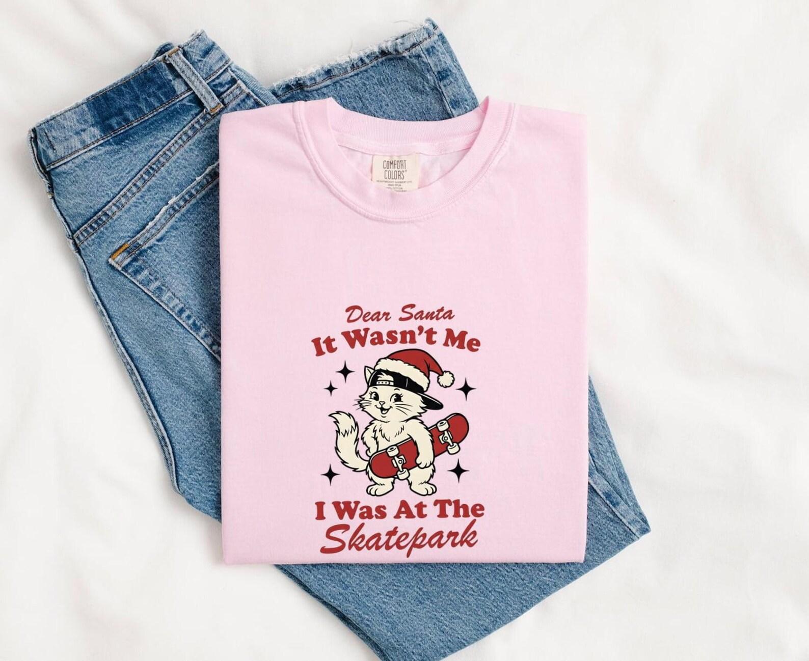 Kitty Skateboard Shirt Cat Yuletide Gift Women Line Art Tee Cat T-Shirt Cat Fan Feline Tshirt Christmas Graphic Sketch Festive Hat Tshirt 4XL