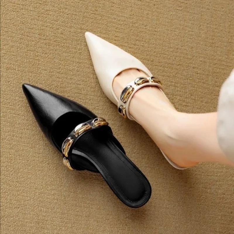Baotou Semi-drag Women's New Summer Pointed Toe Shallow Mouth Metal Buckle One-band Non-slip Mid-heel Sandals and Slippers