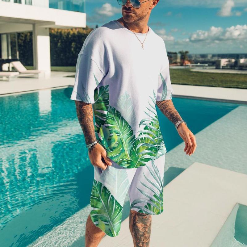 

Men s 3D Printed Sports Two-Piece Set O-Neck T-Shirt Plant Pattern Printing Casual Fitness Short Sleeve Tops Shorts 6XL