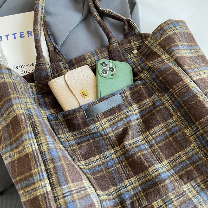 Woolen Plaid Big Bag Women's Portable Tote Bag Commuter Shoulder Bag