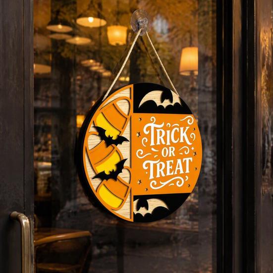 Seasonal Hanging Sign Halloween Trick or Treat Wooden Door Sign, Retro Round Bat Silhouette Atmosphere Prop Plaque for Home Front Wall &