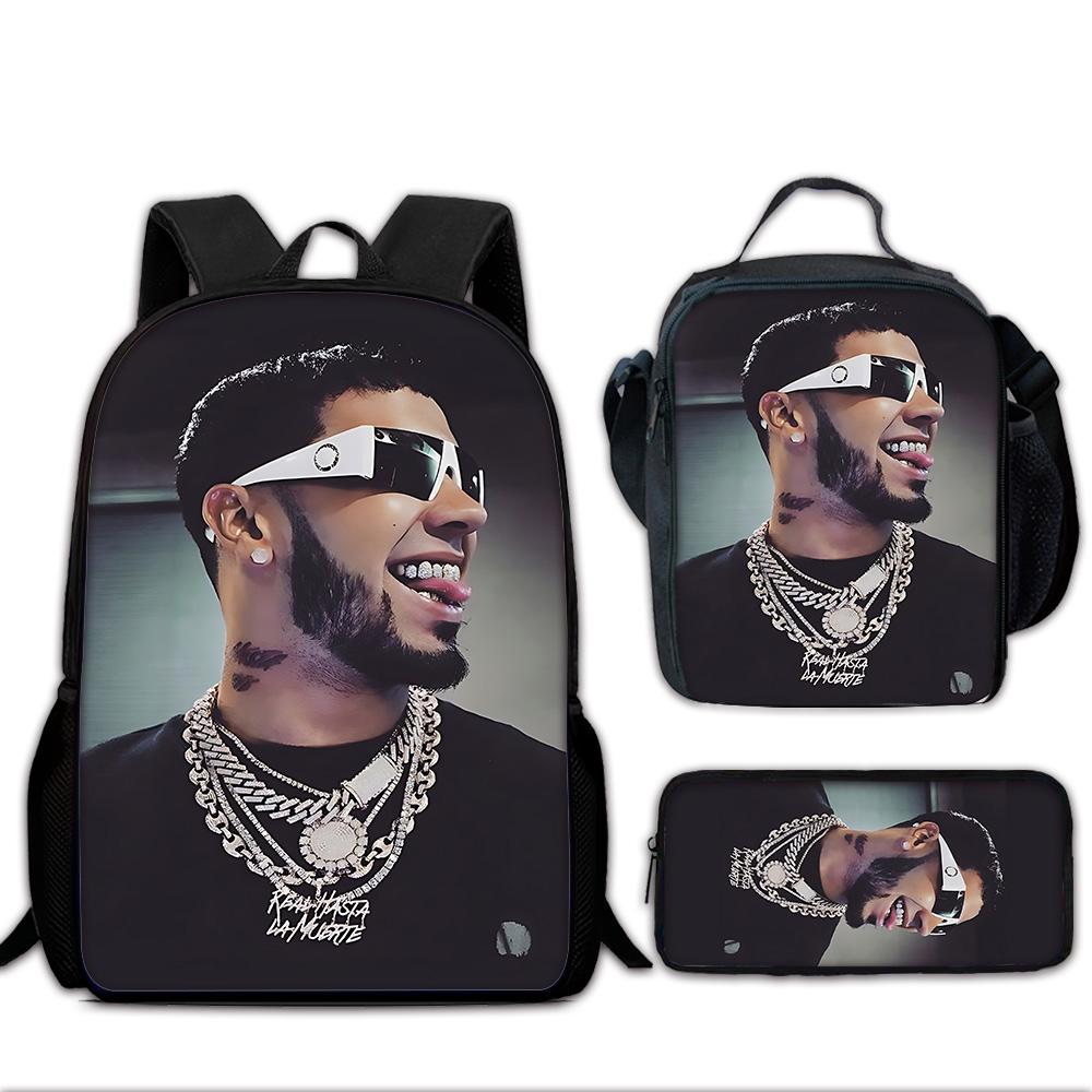 Fashion Hot Rapper Anuel AA Child School Backpack with Lunch Bags ,Pencil Bags ,School Bags for Boys Girls Best Gift