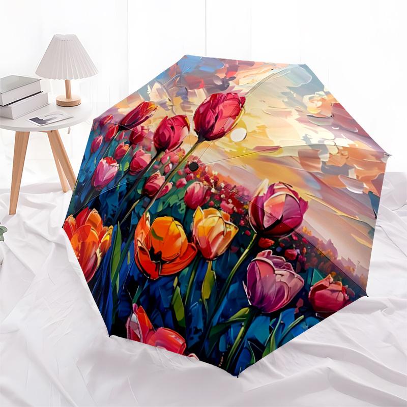 1PC Tulips Sunset Automatic Folding Umbrella, Portable & Foldable Design with 8 Ribs, 32