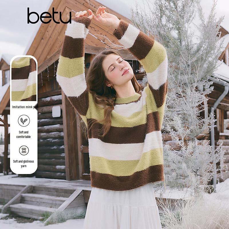 

BETU Women s Two-Tone Striped Faux Mink Yarn Sweater L