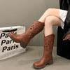 New Women's Retro Brown Hollow Knee High Mid Heel Cowboy Boot Split Cow Leather Slip On Chunky Heel Casual Boots Round Toe Boots
