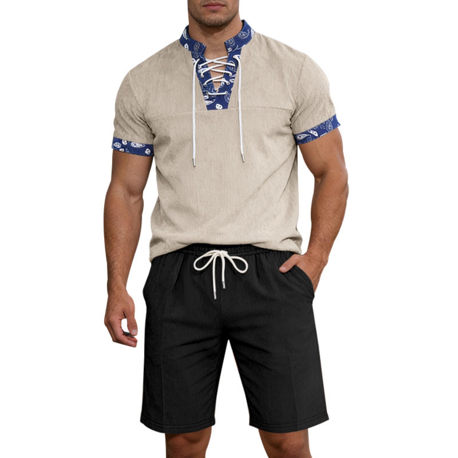 

Men’s Lace Up Henley T Shirt and Drawstring Shorts Set Casual Short Sleeve Top Relaxed Fit Summer Outfit for Daily Wear XXL бежевый