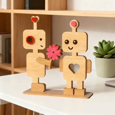 Valentinstag Holzmann Ornament Handgefertigt Bauernhaus Rustikal Paar Roboter Figur Tischschild Heim Büro Schreibtisch Dekoration
