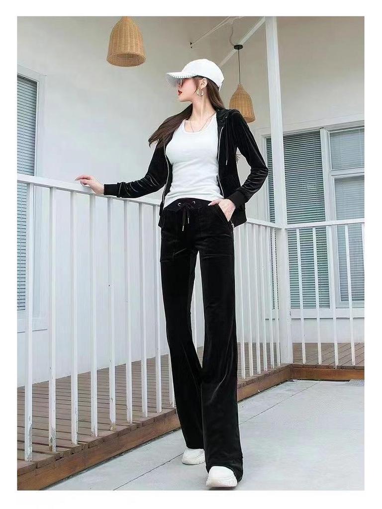 Golden Velvet Women's Casual Sports Suit: Autumn Petite Fashion Sweatshirt & Flared Pants Two-Piece Set