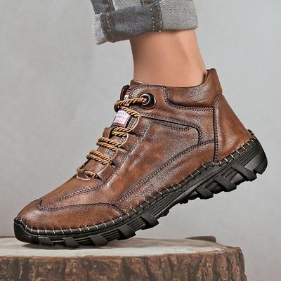 Große Größe Rindspaltleder Herbst Winter Warm Herrenstiefel mit Fell Vintage Motorradstiefel Männlich Schnee Stiefeletten Mode Wanderschuhe