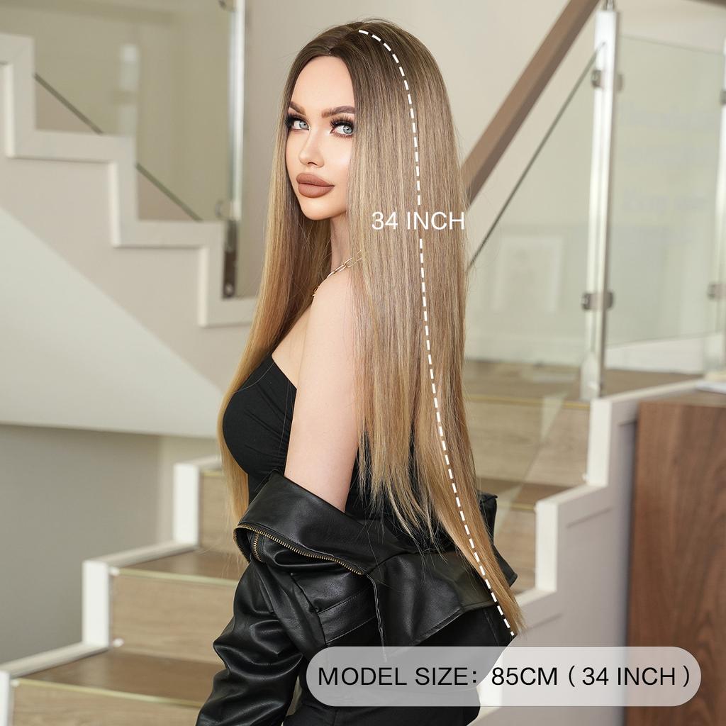 Women’s Extra Long Straight Blonde Wig Middle Part Nordic Ombre Color European and American Style Synthetic Full Wig