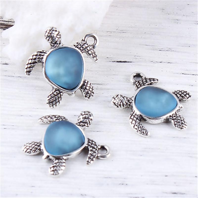 Doreen Box Sea Turtle Animal Glass Charms Zinc Alloy Antique Silver Color Blue Pendant For DIY Jewelry Making 21x 20mm, 5 PCs