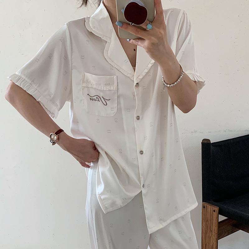 1011 new pajamas women's summer ice silk short-sleeved trousers set Korean fresh cartoon printed loungewear