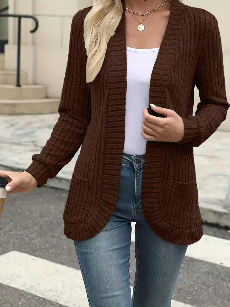 2025 Autumn/Winter Solid Color Ribbed Patchwork Long Sleeve Cardigan