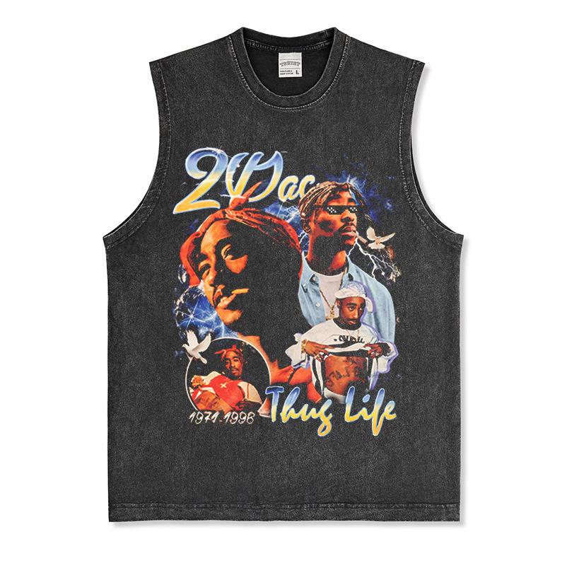 Canotta Senza Maniche Tupac Grafica Retro High Street Cotone Pesante