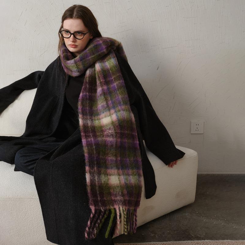 Designer Homemade Mohair Imitation Cashmere Plaid Winter Scarf Women's Thickened Warm Fringed Scarf Shawl