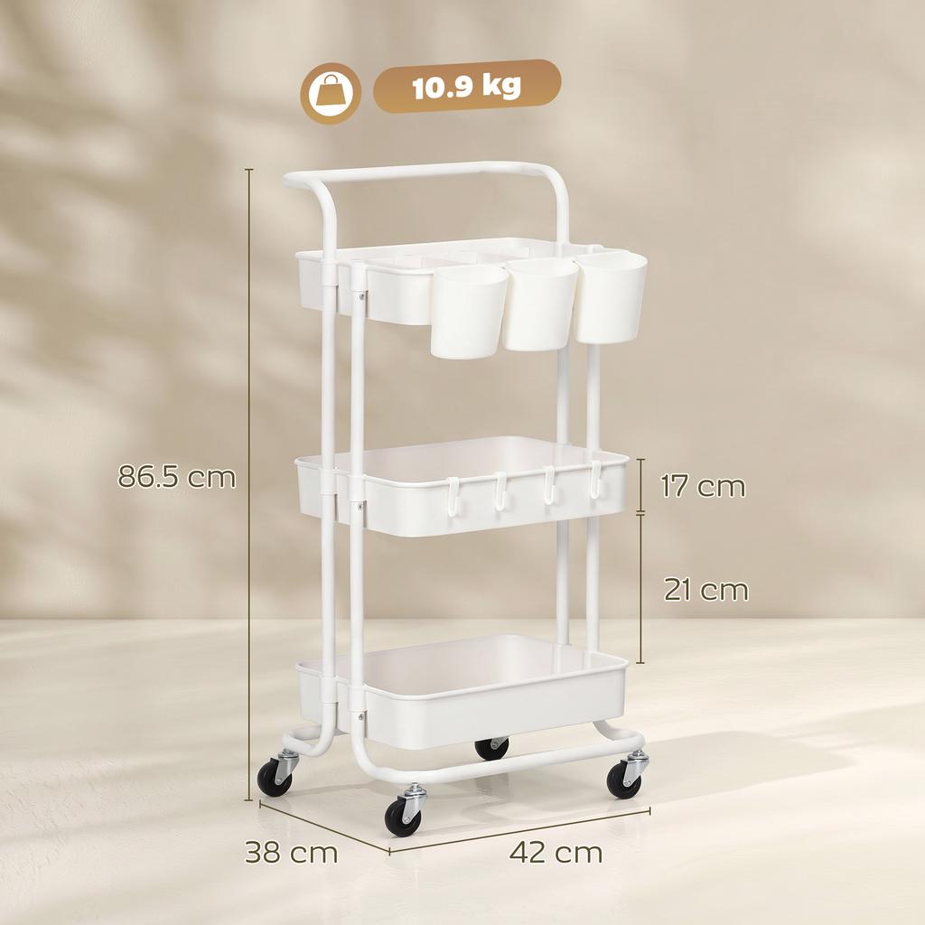 Three Tier Home Trolley With Handle And Wheels White