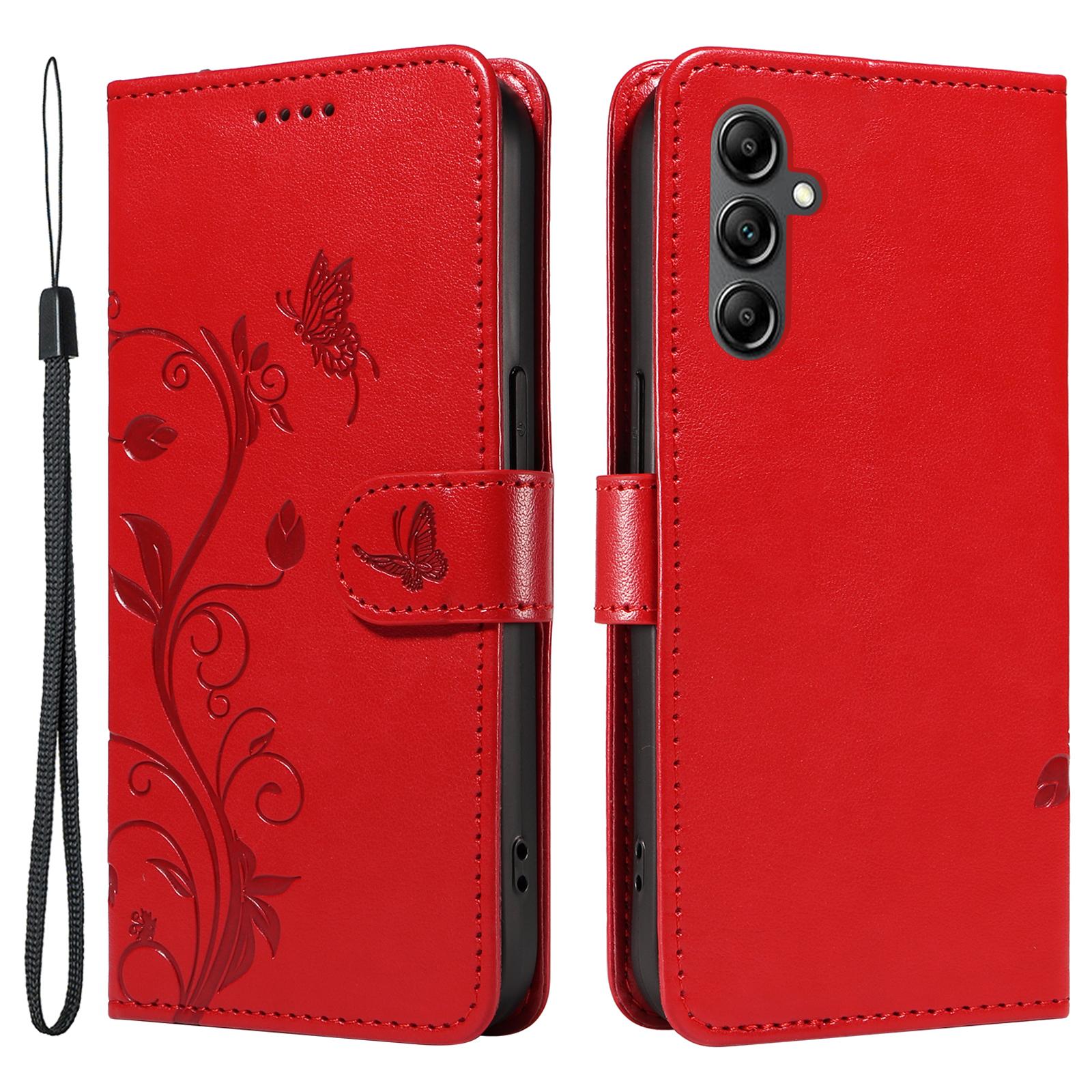 

For Samsung Galaxy A15 5G PU Leather Cases Flower Pattern Wallet Stand Phone Cover with Strap Red