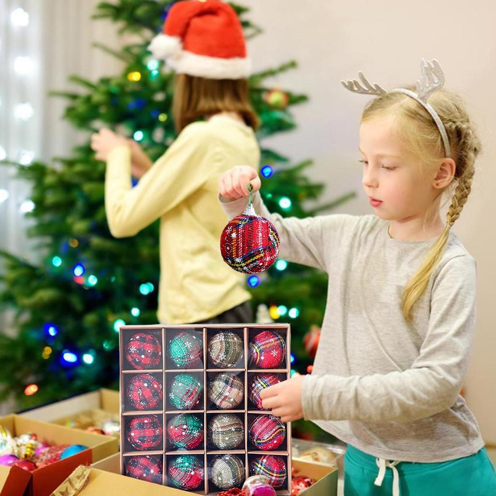 16pcs 6cm Christmas Balls Decorations Plaid Fabric Balls Christmas Tree Hanging Decoration For Home Bedroom Window Display
