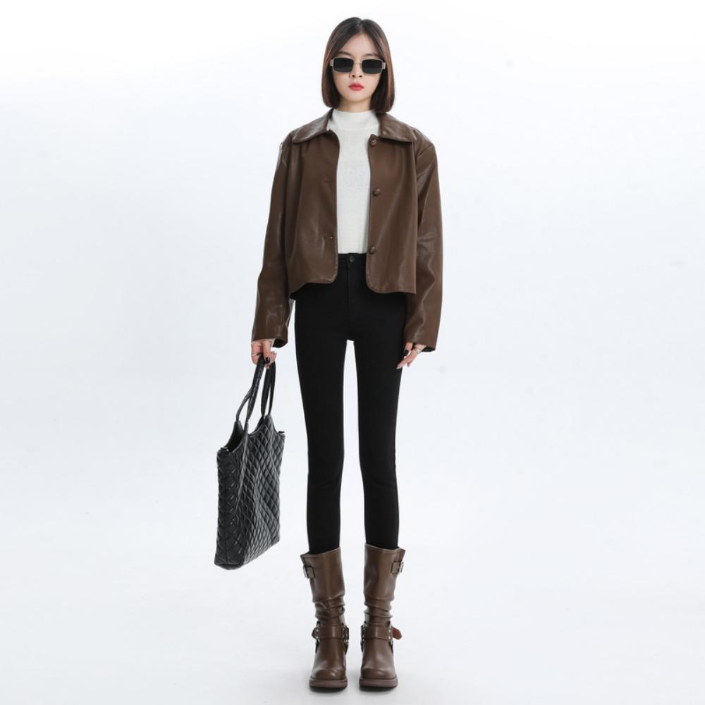 

Hong Kong style high-waisted small-footed jeans women s autumn and winter new outer wear elastic and thin slim-fitting pencil jeans 32 чёрный