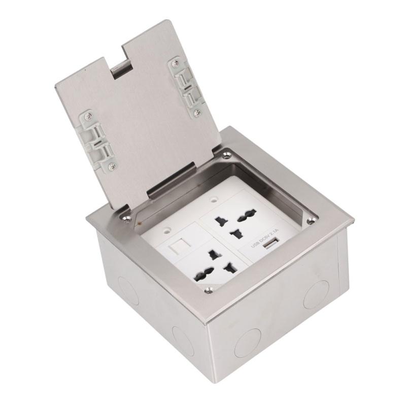 Recessed Floor Outlet Box Water Proof Stainless Steel Flat Socket 16A 2 Universal 3 Holes USB Network Port Silver