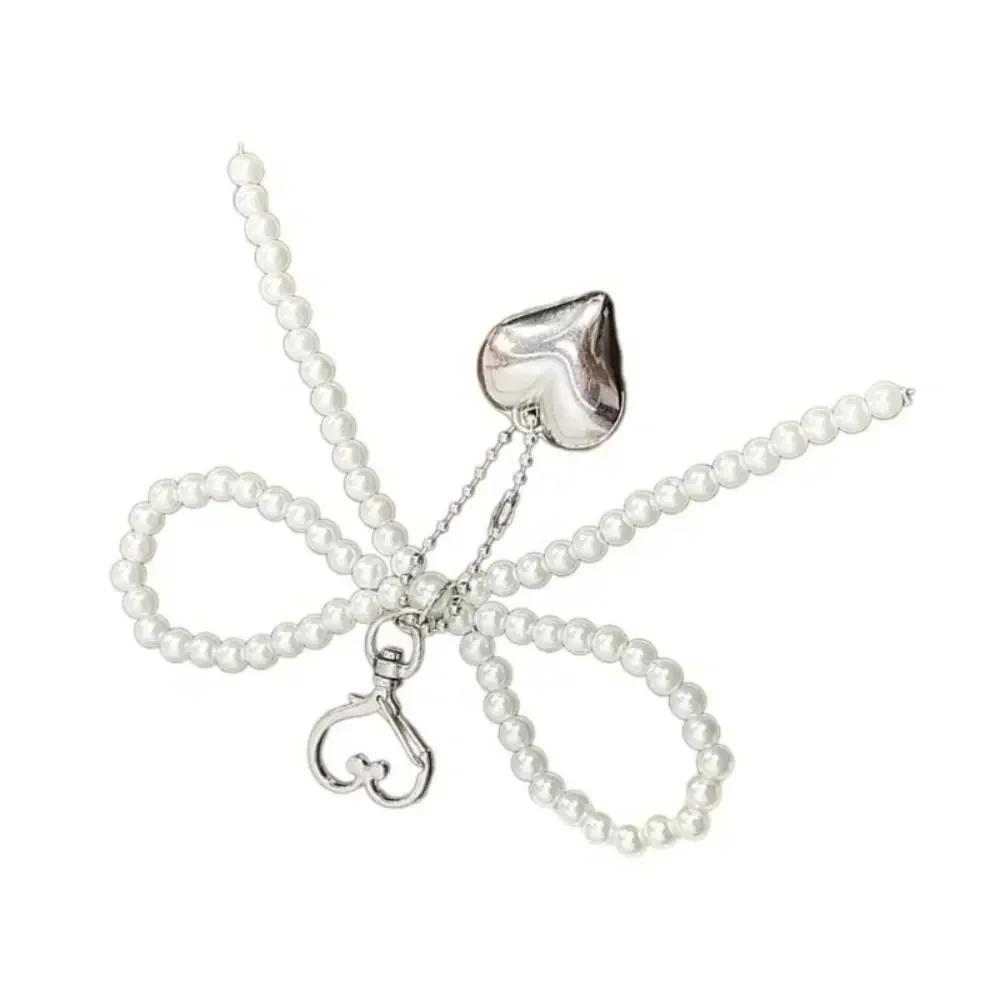 Korean Cute Lace Bow Pearl Beaded Phone Pendant Chain Accessories Aesthetic Ballet Shoes Camera Bag Decoration Keychain Gift
